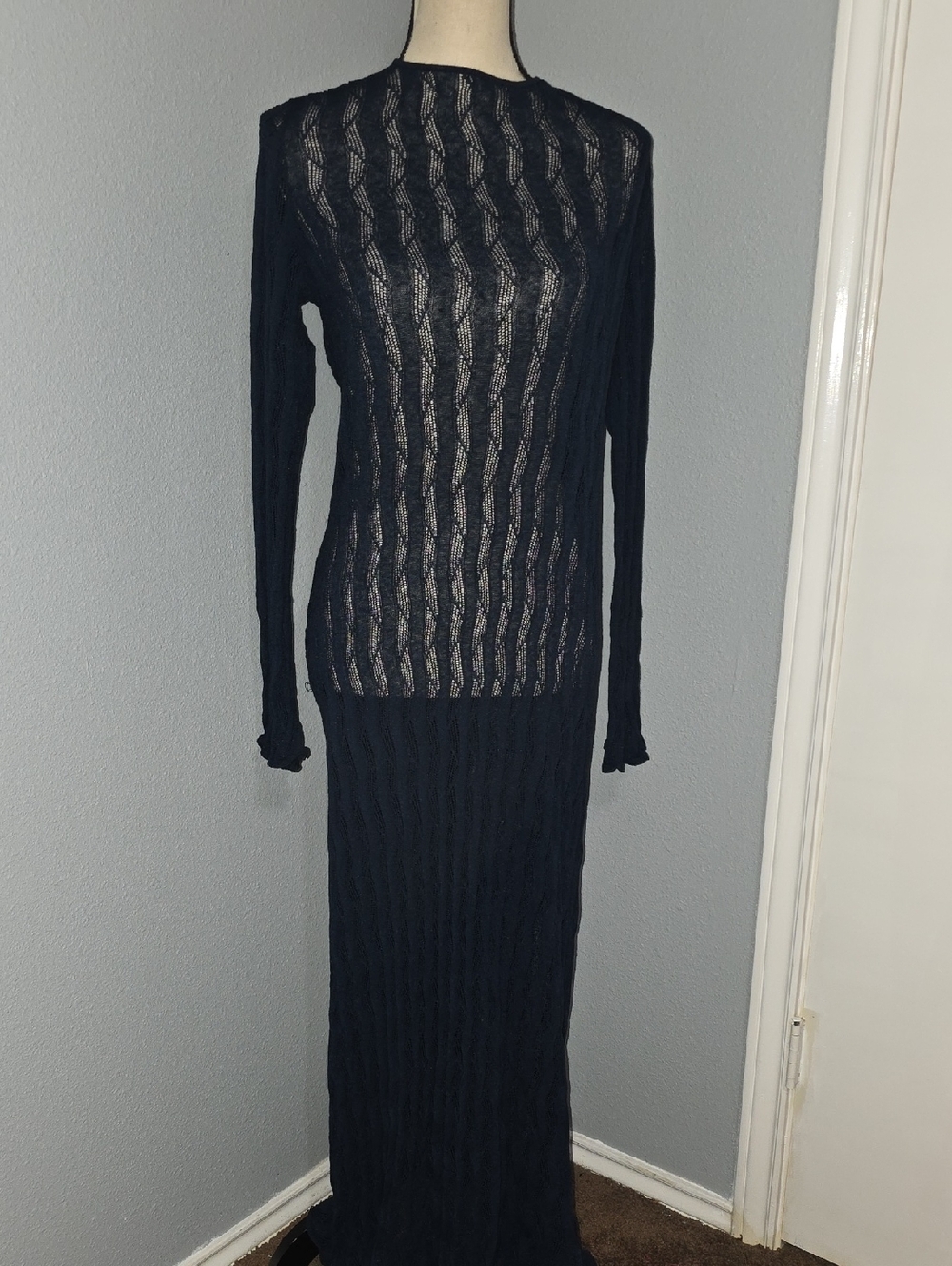 FC Jenee Naylor Sheer Navy Cable-Knit Long Sleeve Maxi Dress Sz L